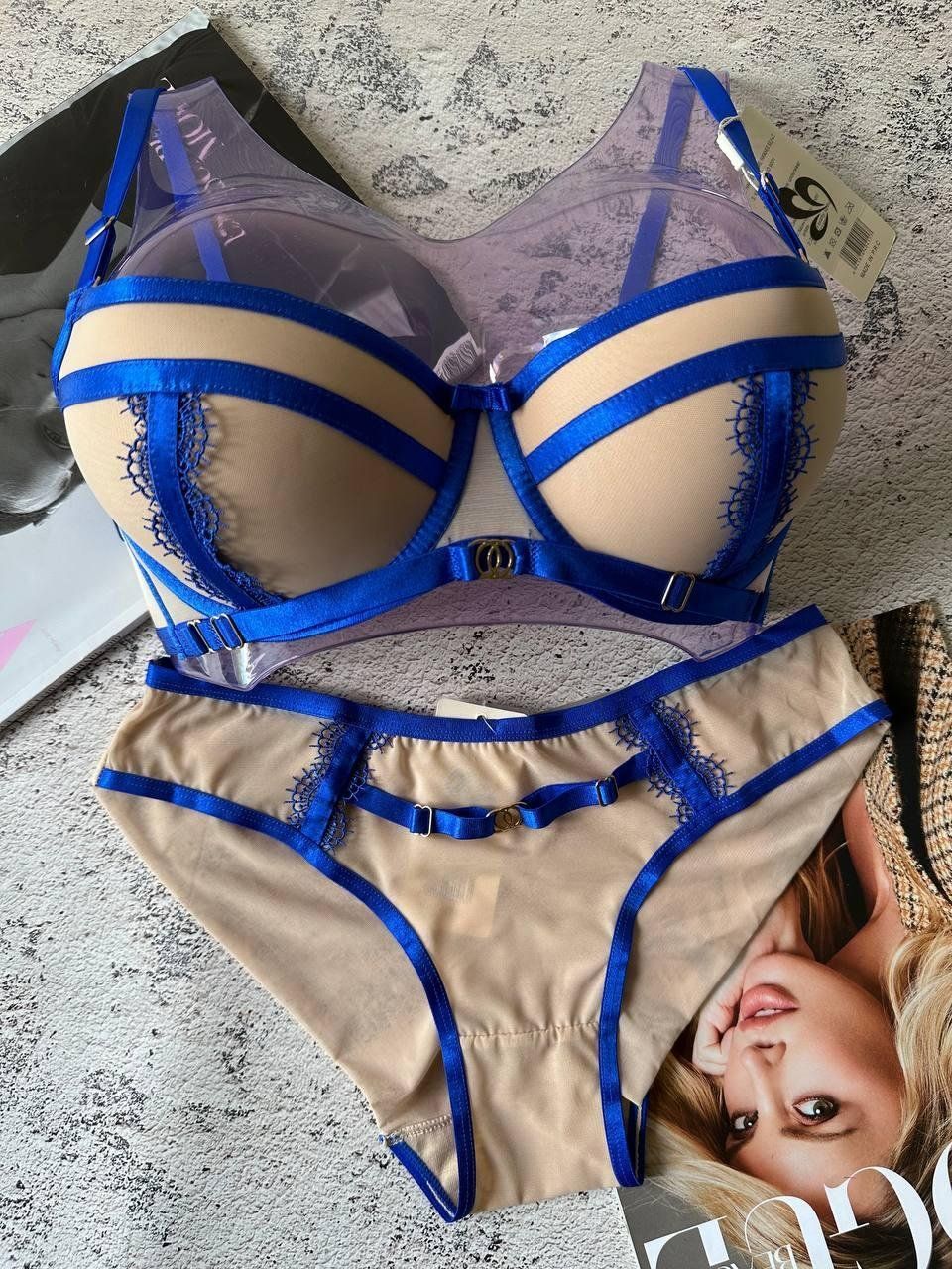 Женское нижнее белье комплект чашка C синий/бежевый 85C